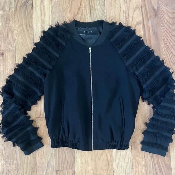 zara - black bomber jacket with fringe sleeves - size XS - Picture 1 of 7
